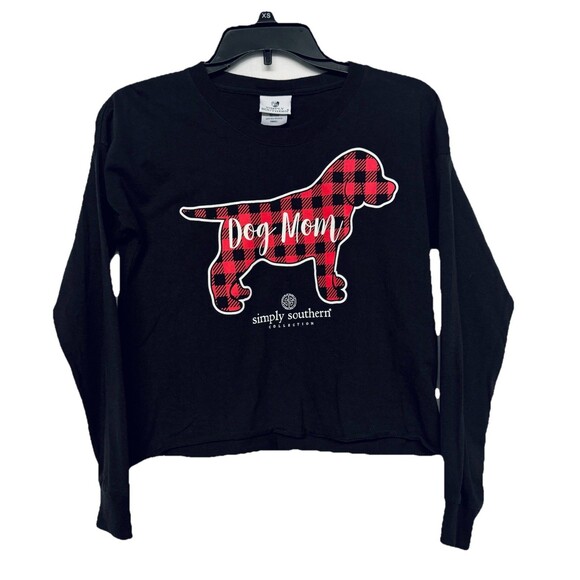Simply Southern Small Black Red Plaid Dog Mom Cutoff Crop Long Sleeve T Shirt - Picture 1 of 5